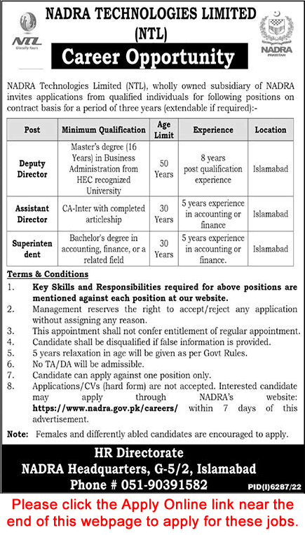 NADRA Technologies Limited Islamabad Jobs April 2023 Apply Online